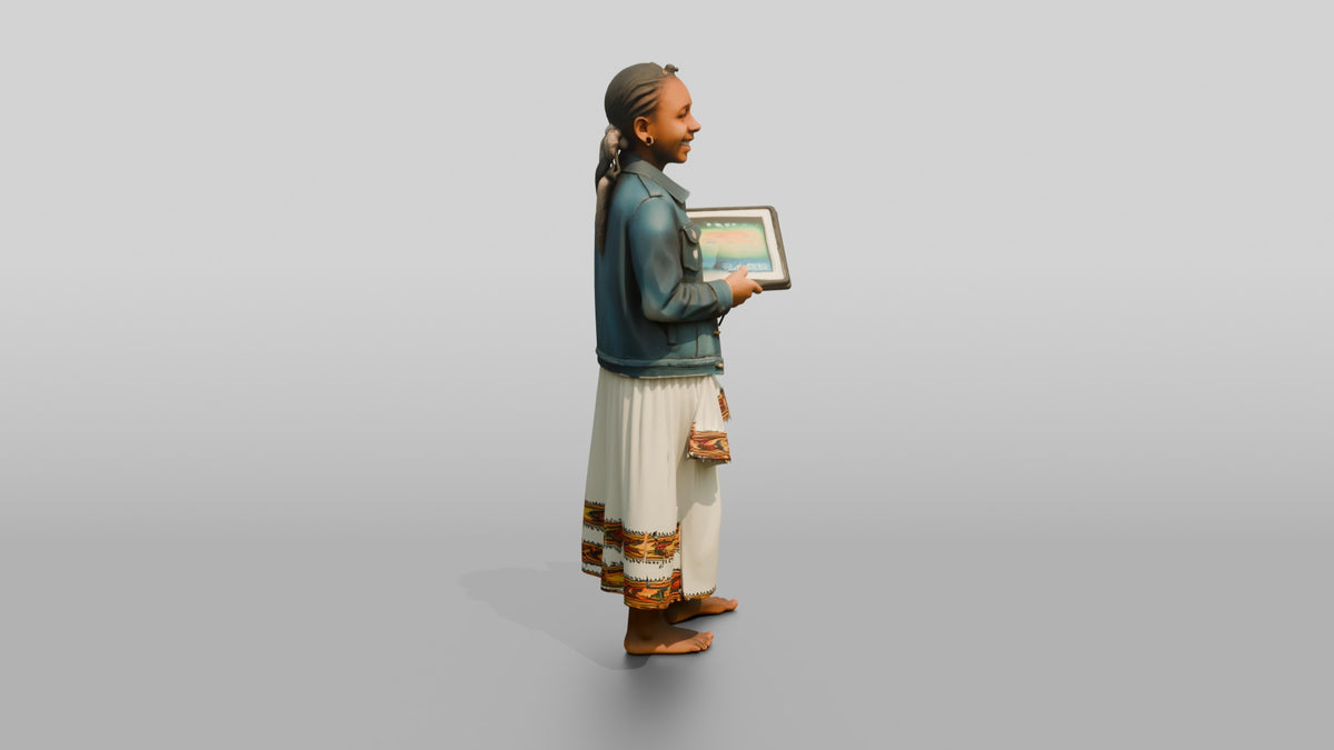 African Girl in a Denim Jacket Holding a Digital Tablet - 3D character model, view 2