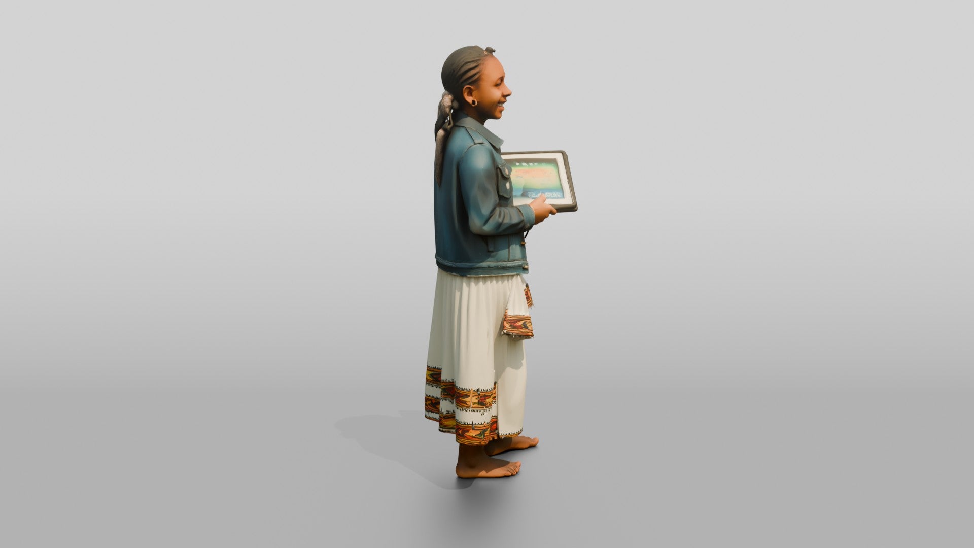 African Girl in a Denim Jacket Holding a Digital Tablet