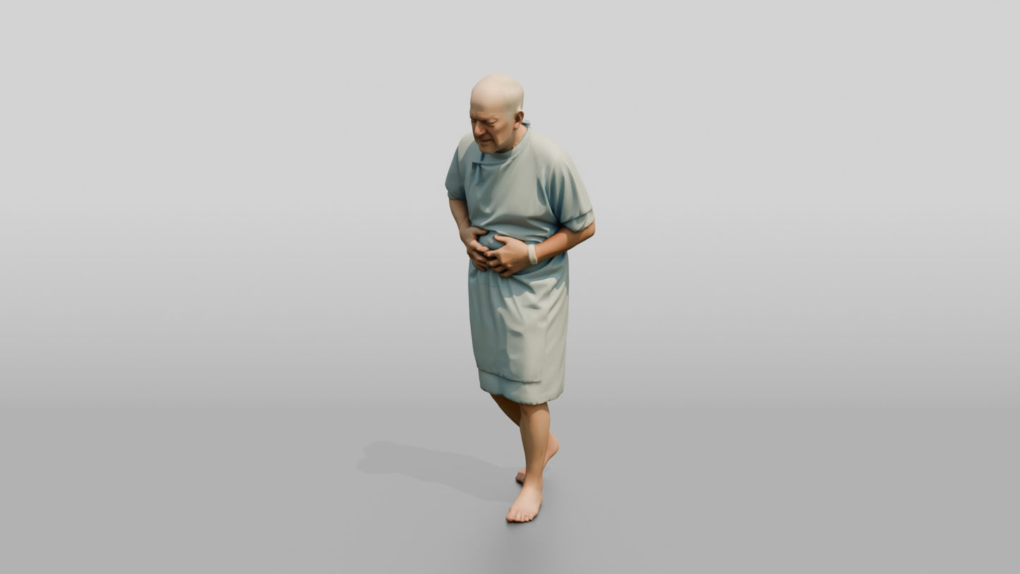 Elderly Man Patient Walking with Stomach Pain