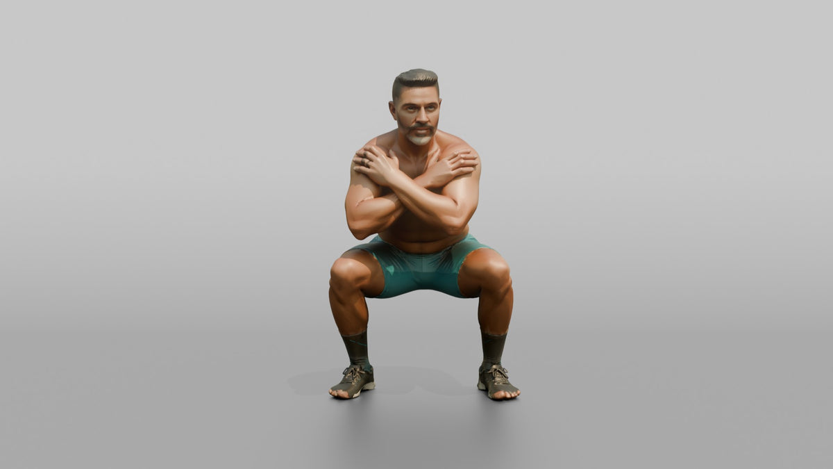 Bodyweight Athlete Man Holding A Deep Squat Position, Arms Crossed - 3D character model, view 5