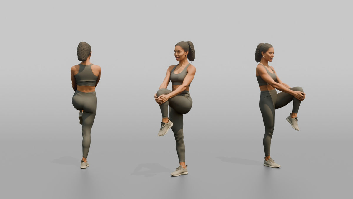 Fitness Influencer Woman Doing A Standing Knee-to-chest Stretch - 3D character model, view 1