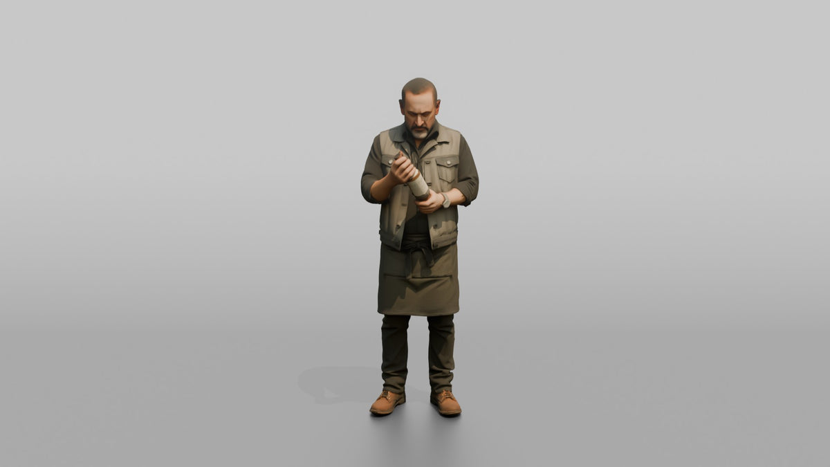 Bartender Man Holding A Bottle, Reading The Label - 3D character model, view 5