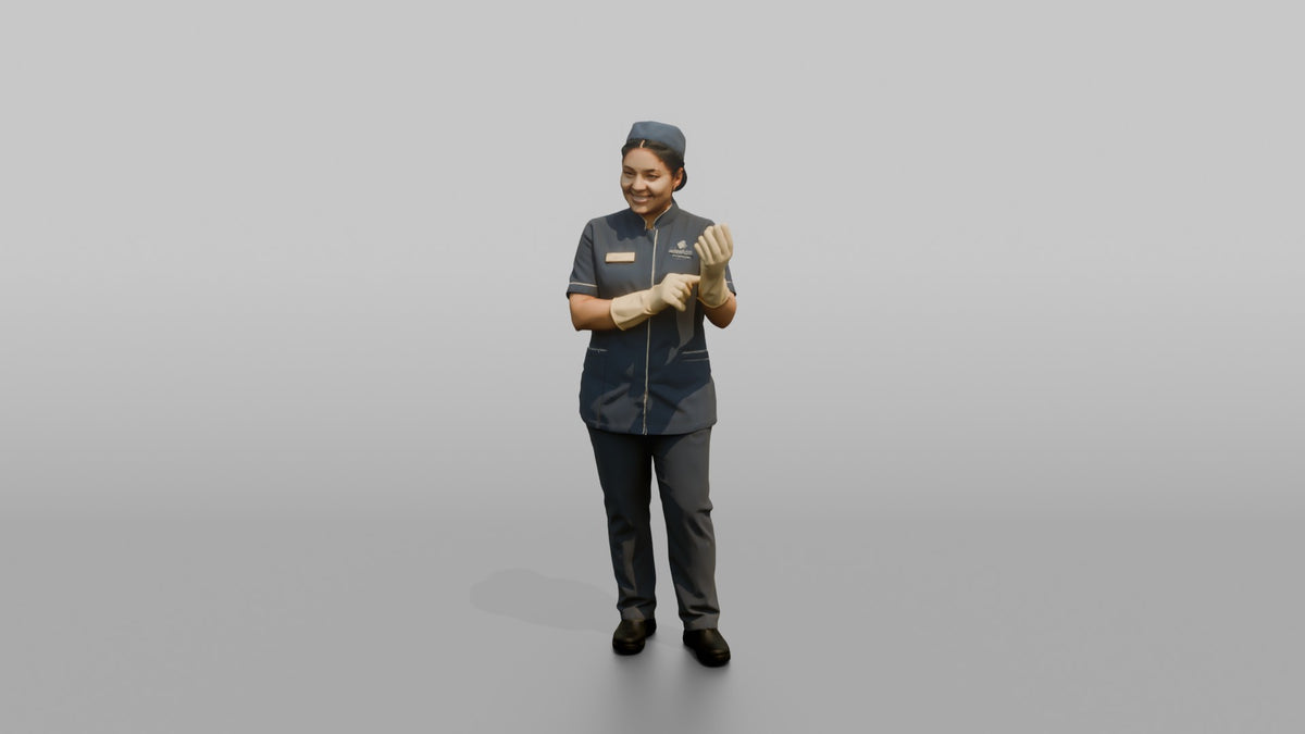 Housekeeping Staff Woman Adjusting Rubber Cleaning Gloves - 3D character model, view 4