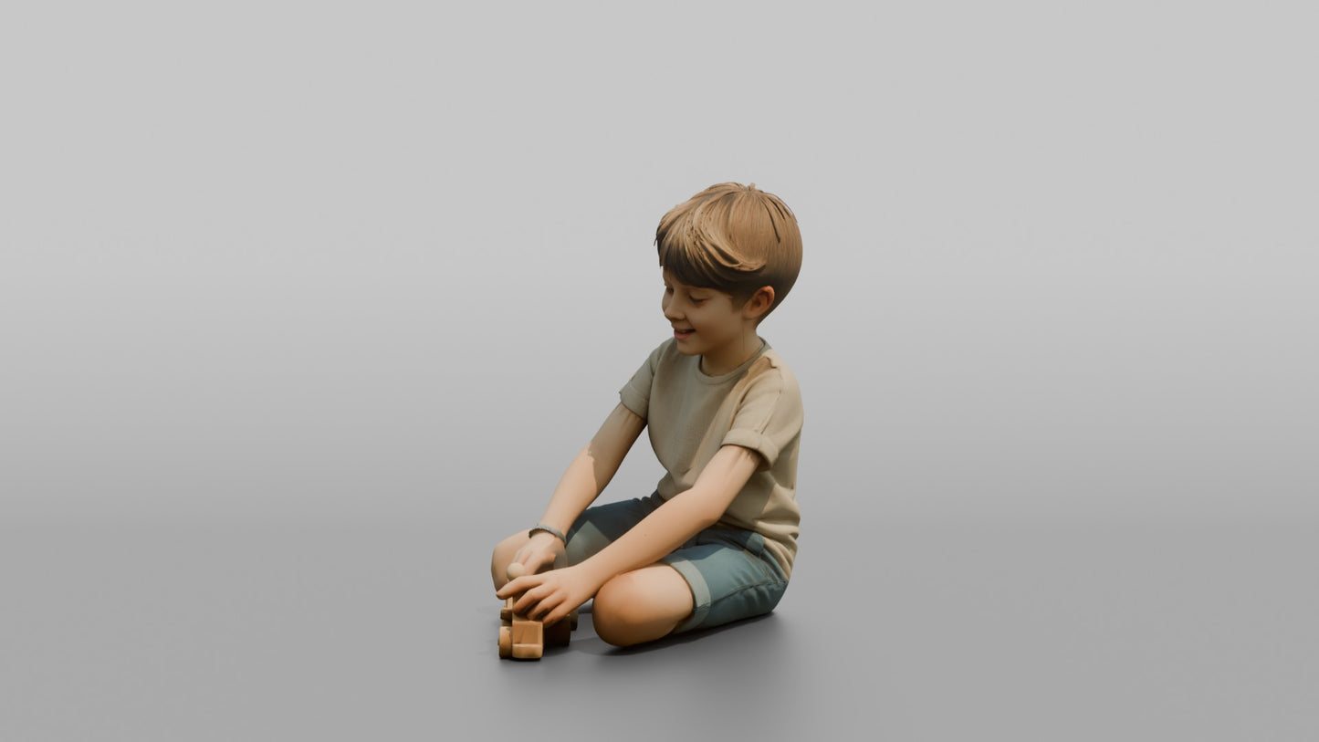 Boy Kneeling and Playing with a Wooden Toy