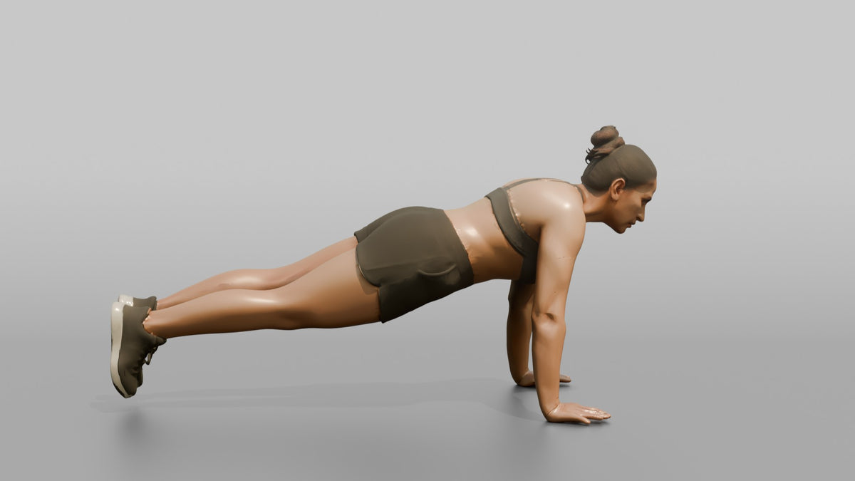 Bodyweight Athlete Woman Mid-burpee, Hands On The Ground - 3D character model, view 2