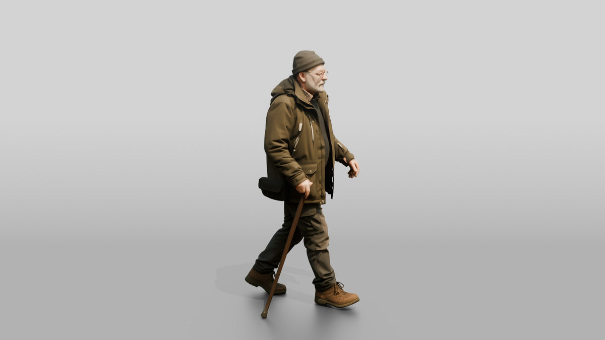 Elderly White Man Walking Slowly in Waterproof Jacket - 3D character model, view 2