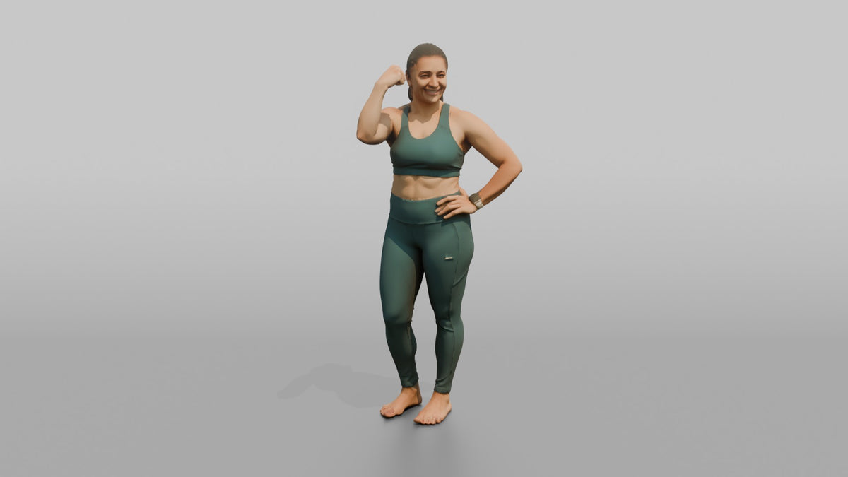 Physique Model Woman Flexing A Side Pose, One Hand On Hip - 3D character model, view 2