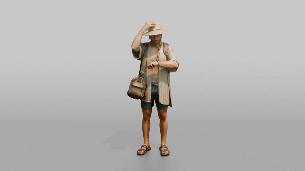 Traveler Adjusting His Sun Hat