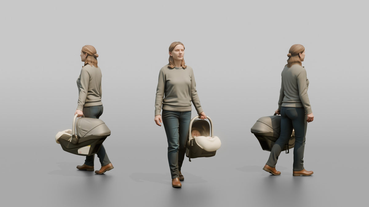 Mother Carrying A Car Seat By Its Handle - 3D character model, view 1