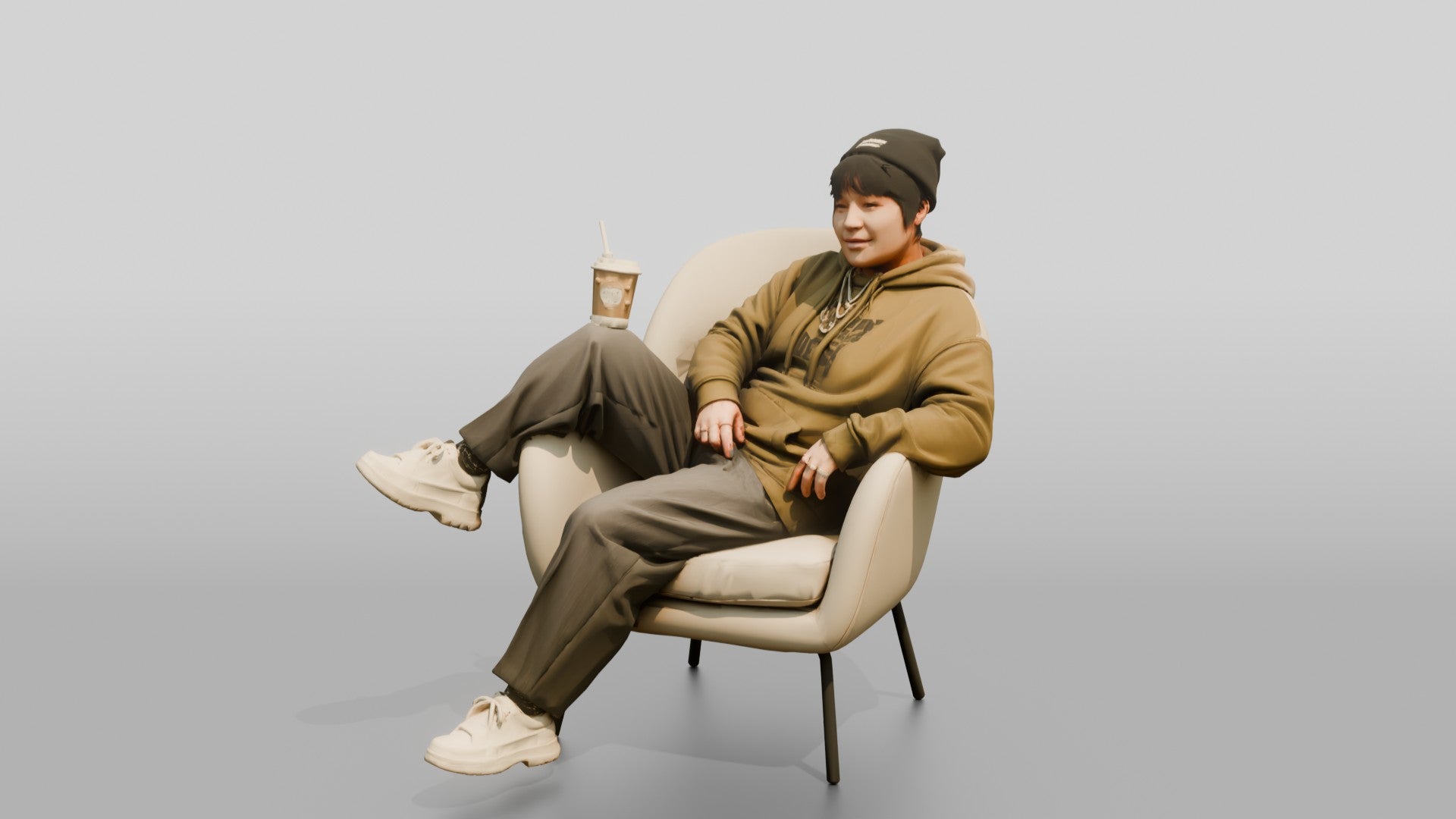 Asian Person Lounging with Coffee Cup