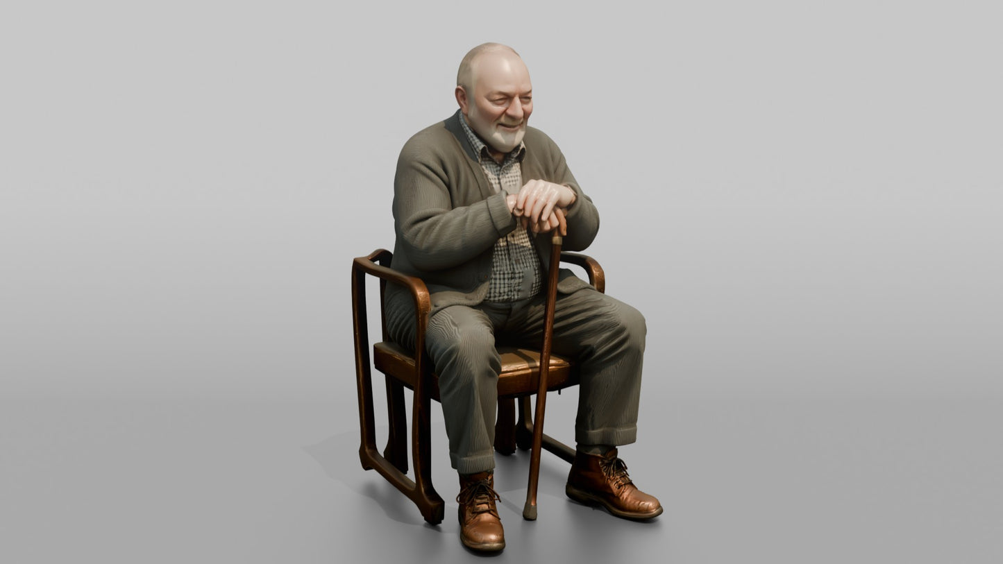 British Man Sitting Upright with a Cane