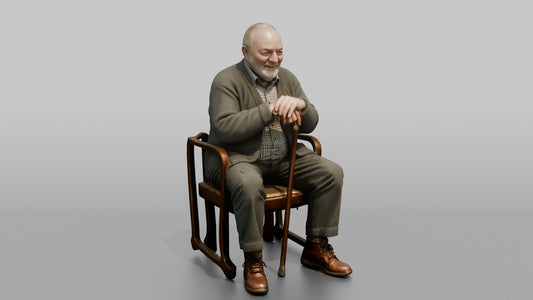 British Man Sitting Upright with a Cane - 3D character model, view 1