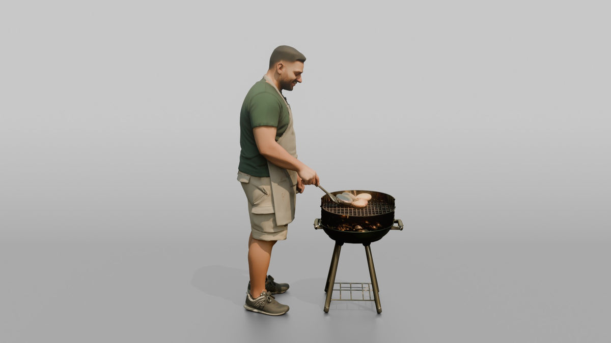Father Flipping A Burger With A Spatula Over A Grill - 3D character model, view 2
