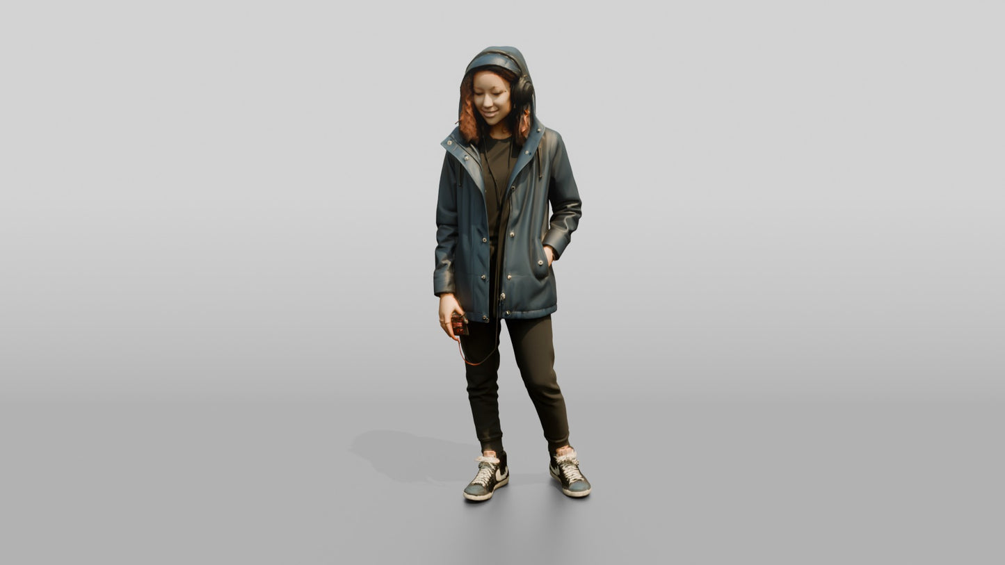 Teen Girl in Denim Rain Jacket with Headphones