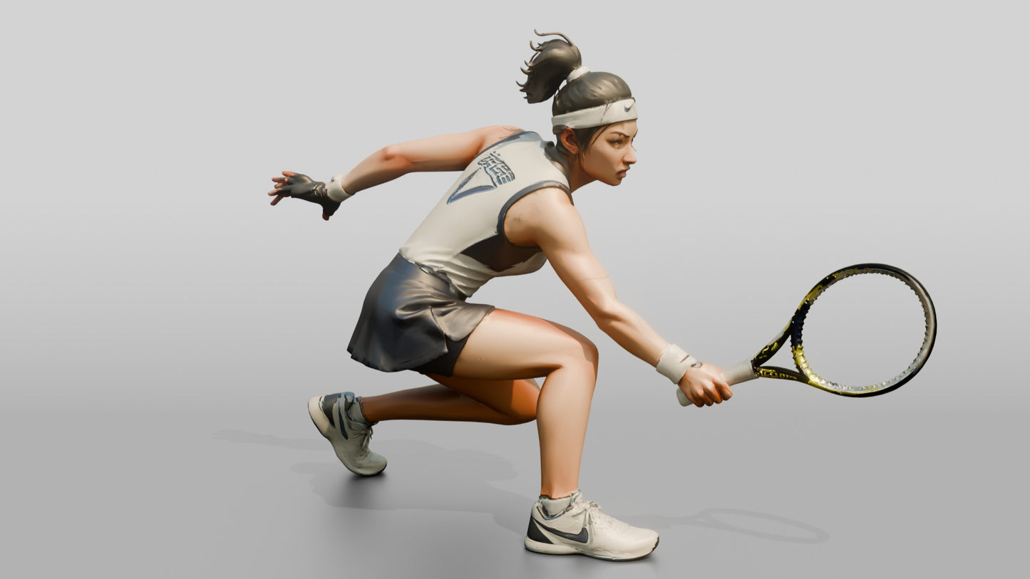 Female Tennis Player Crouched with Racket Extended