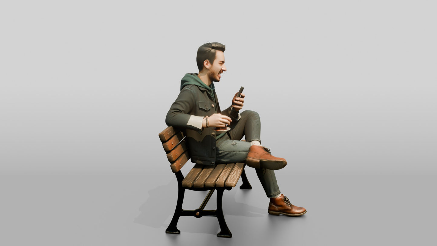 Man Laughing While Texting with Tea