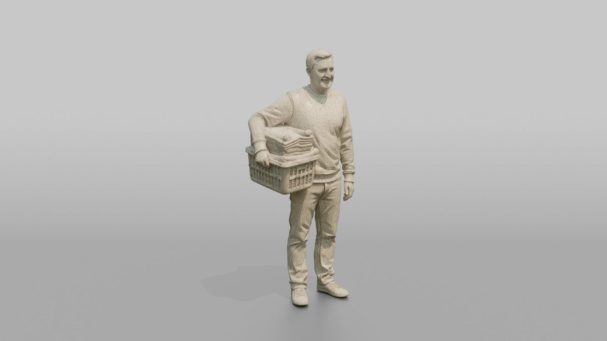 Father Carrying A Laundry Basket Full Of Folded Clothes On One Hip - wireframe topology preview