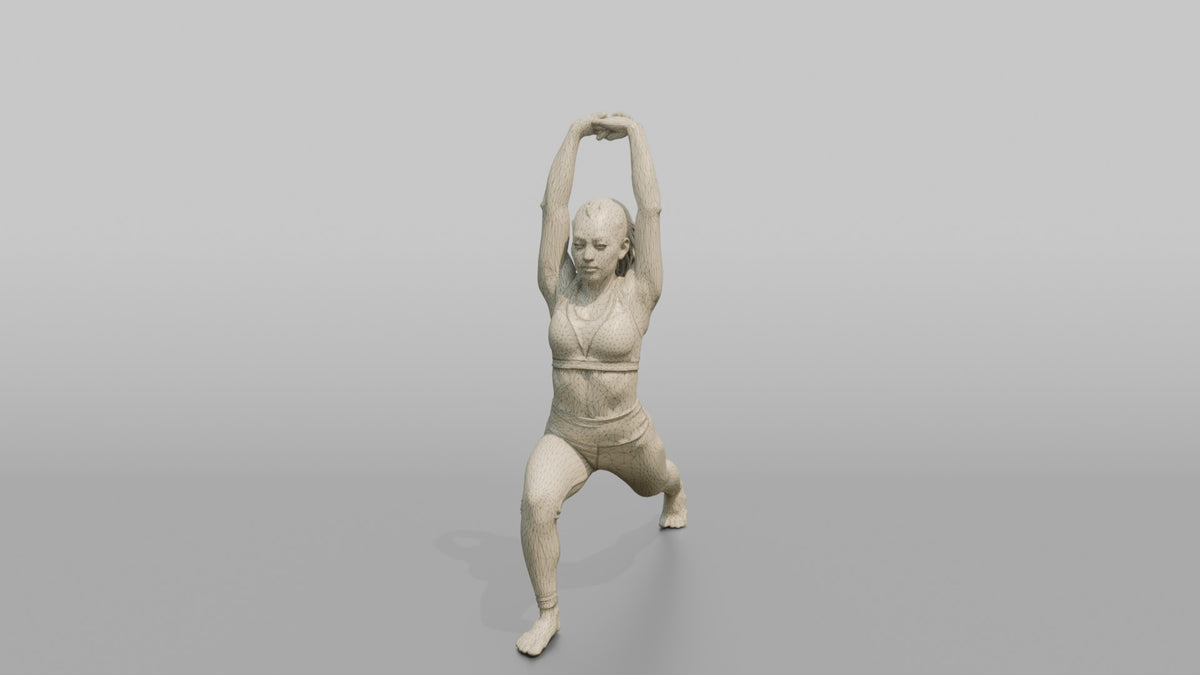 Fitness Influencer Woman Doing A Dynamic Lunge Stretch - wireframe topology preview