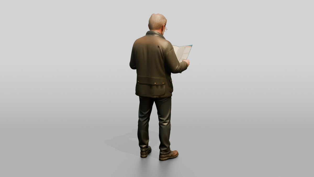 White Man in Waxed Jacket Checking a Map - 3D character model, view 3