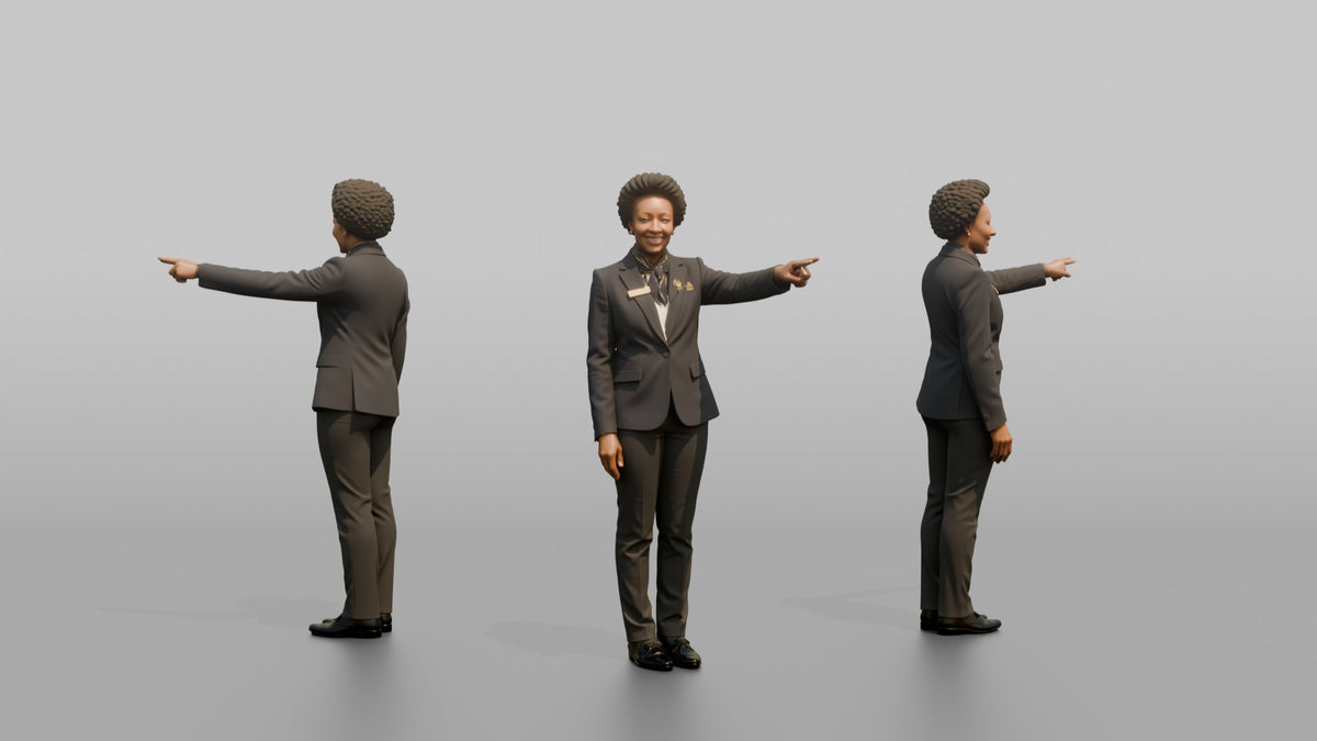 Receptionist Woman Pointing Toward An Elevator - 3D character model, view 1