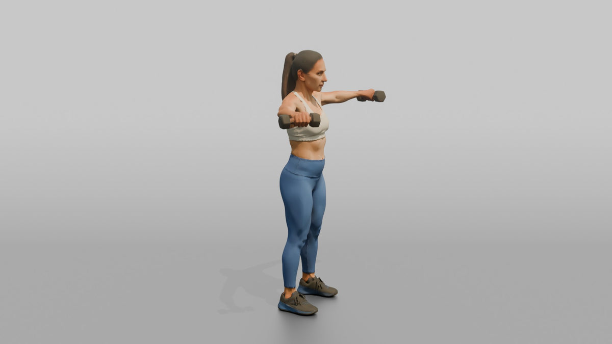 Weightlifter Woman Doing A Dumbbell Lateral Raise - 3D character model, view 2