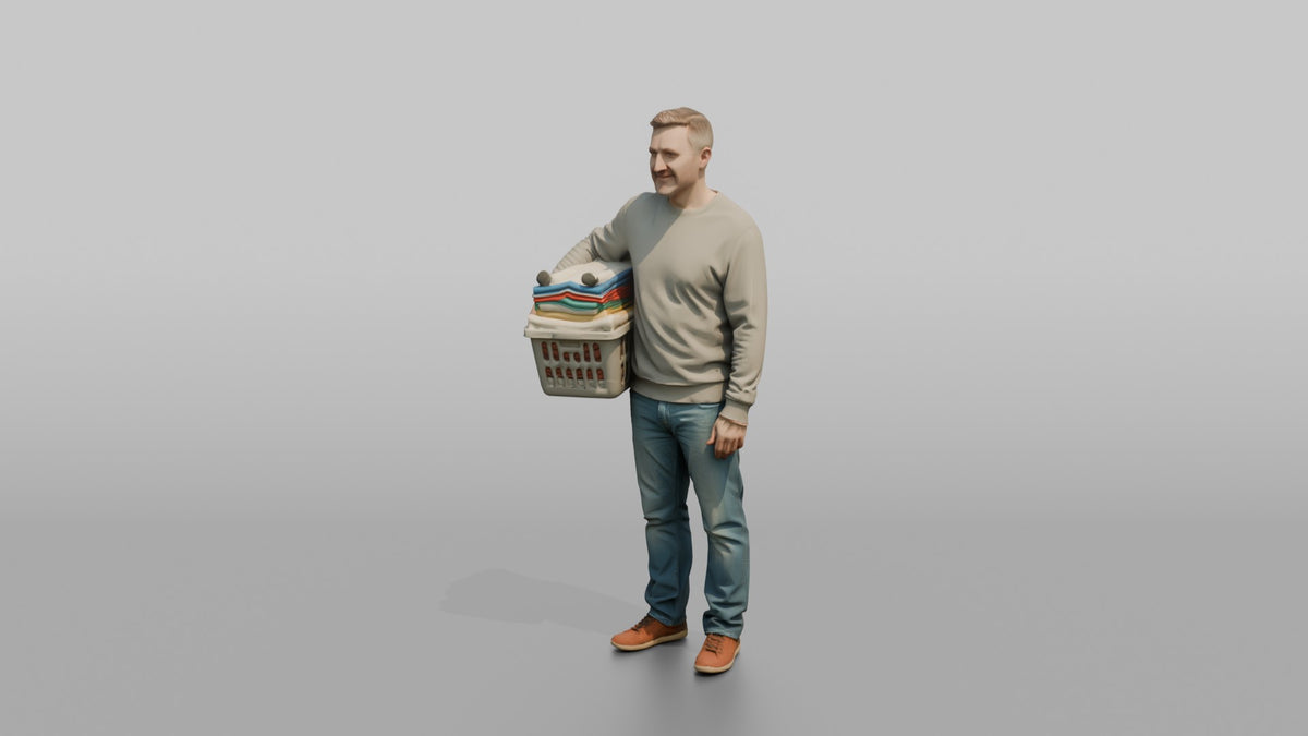 Father Carrying A Laundry Basket Full Of Folded Clothes On One Hip - 3D character model, view 4