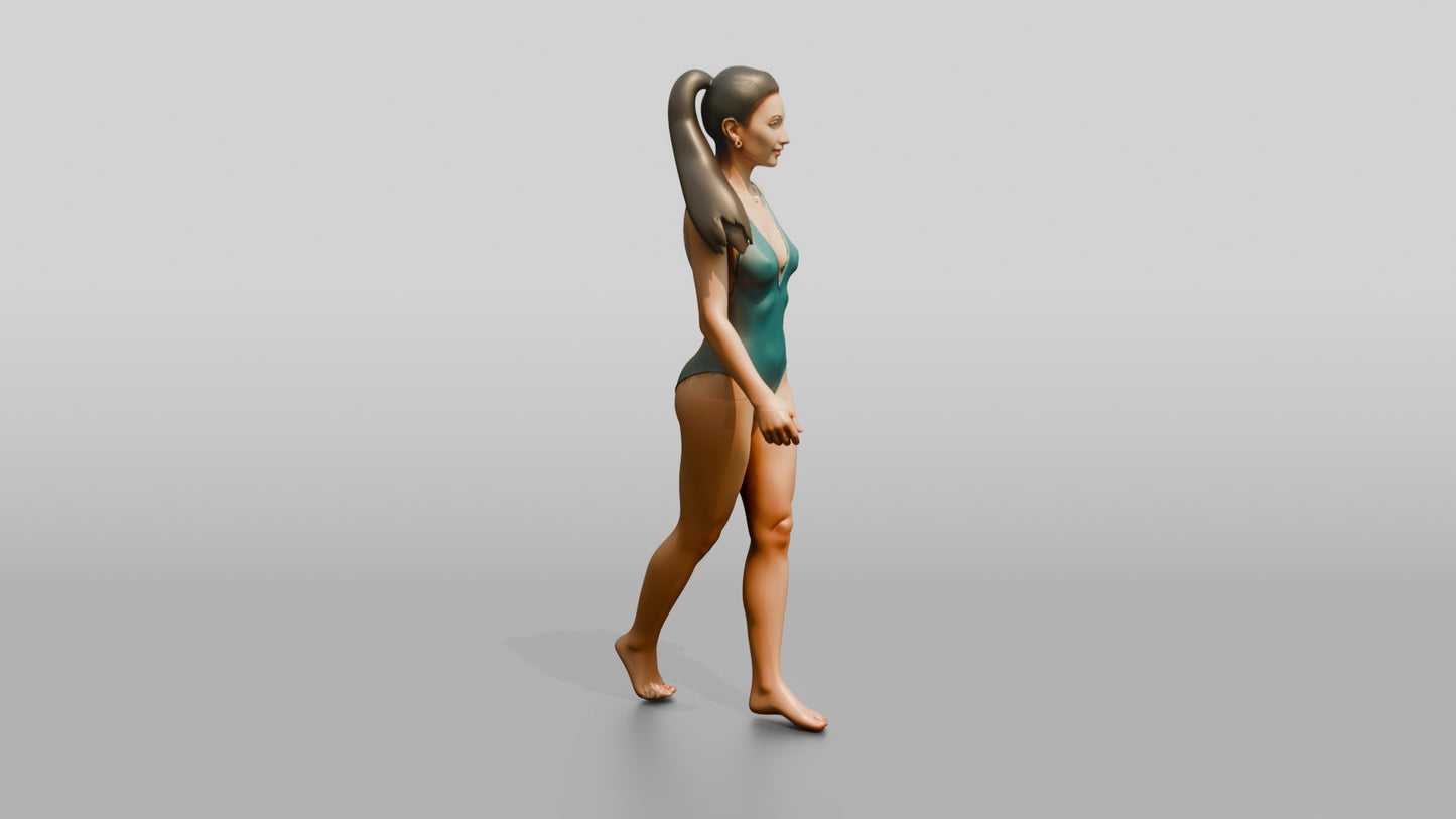 Woman in Green One-Piece Swimsuit Walking