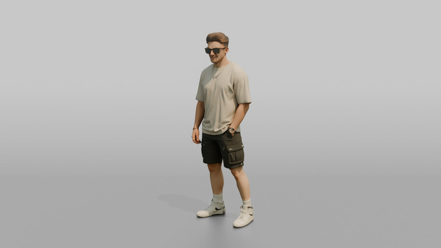 British Man Posing in an Oversized T-Shirt and Cargo Shorts