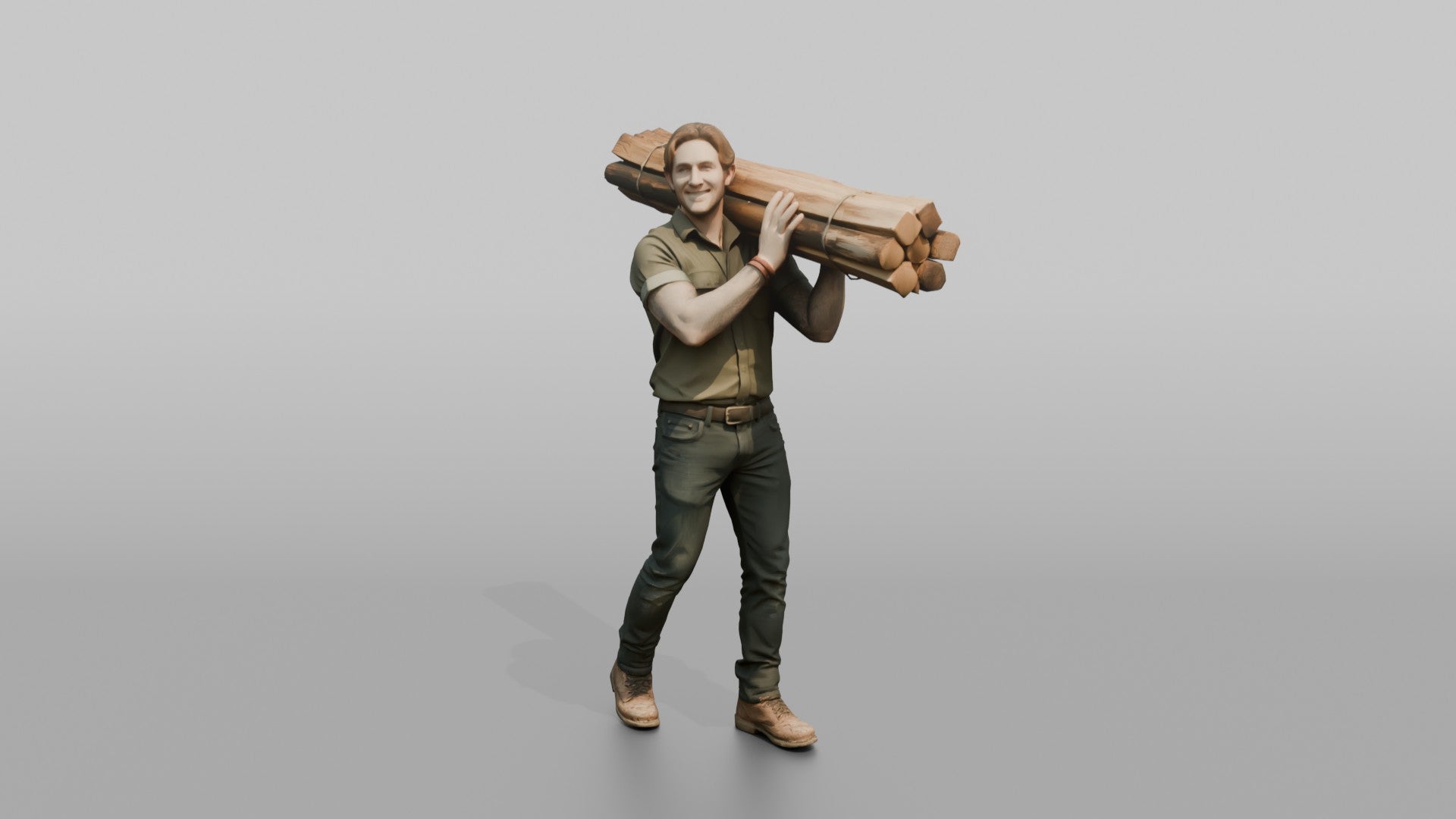 Farmer Carrying Bundle Of Fresh Fence Posts