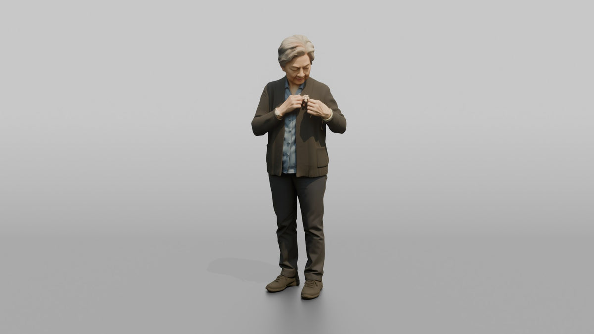 Grandmother Adjusting A Brooch On Her Cardigan - 3D character model, view 5