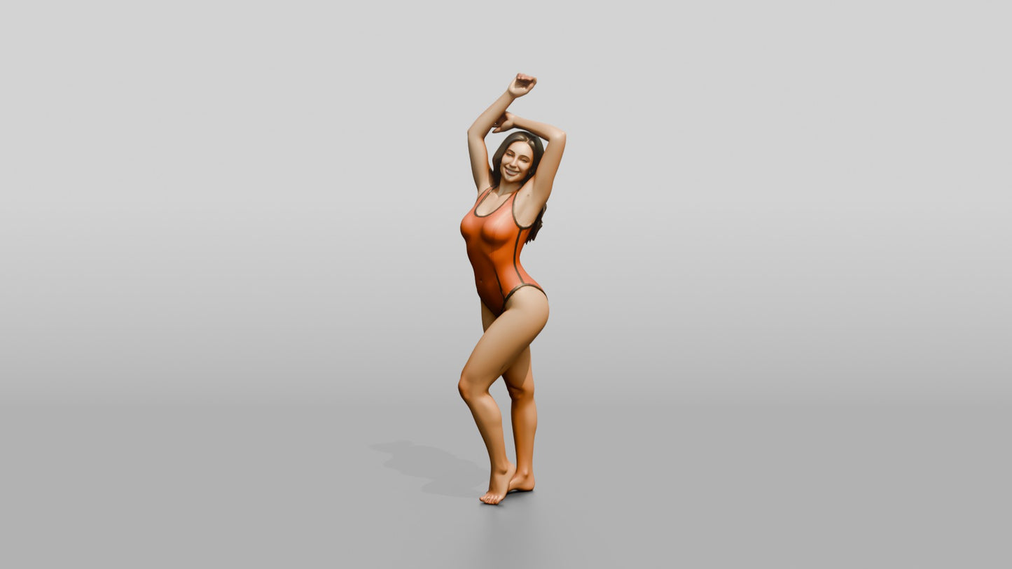 Curvy Woman in Coral One-Piece Swimsuit Arm Raised