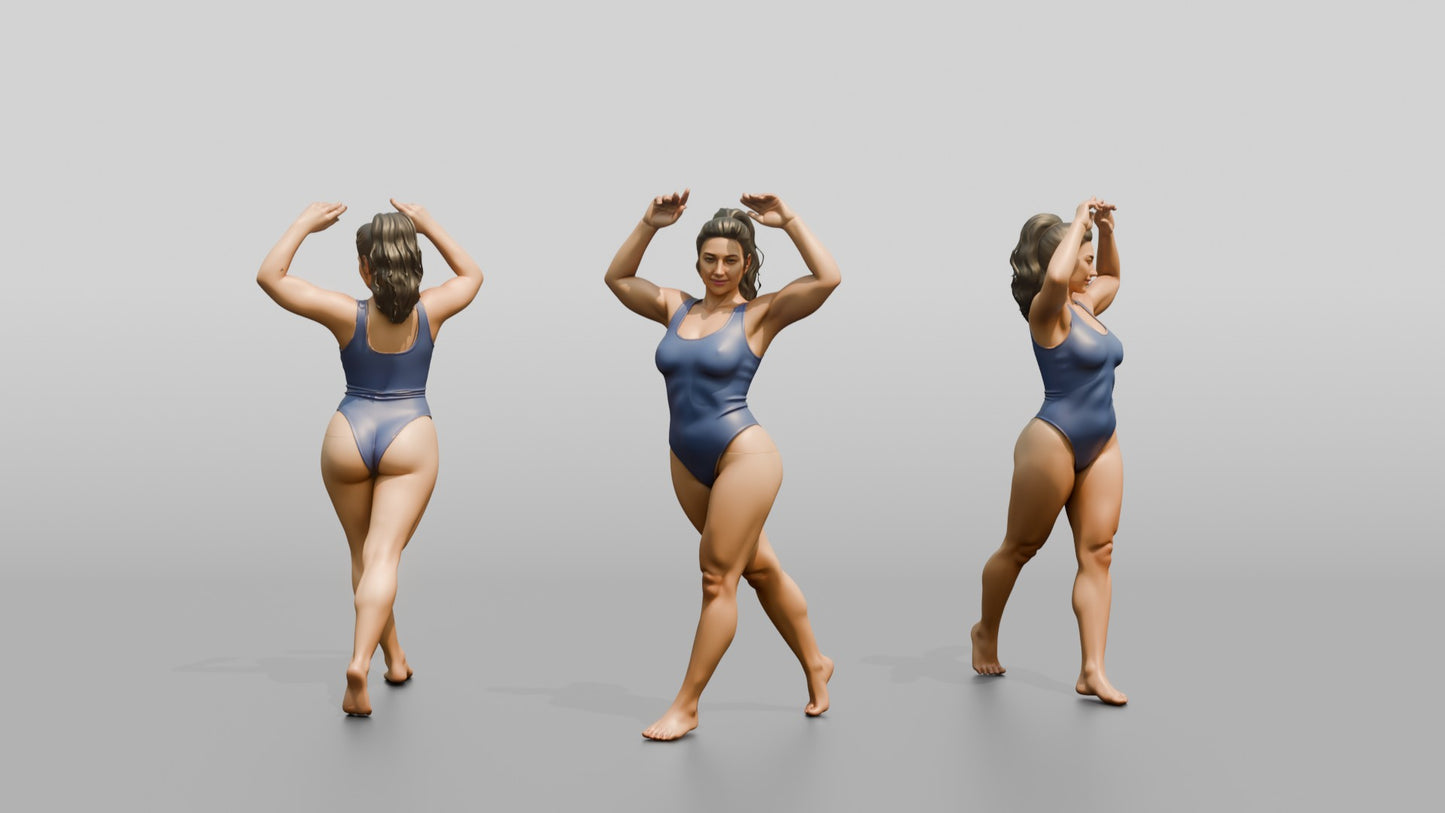 Curvy Woman in Blue Swimsuit Posing with Arms Raised