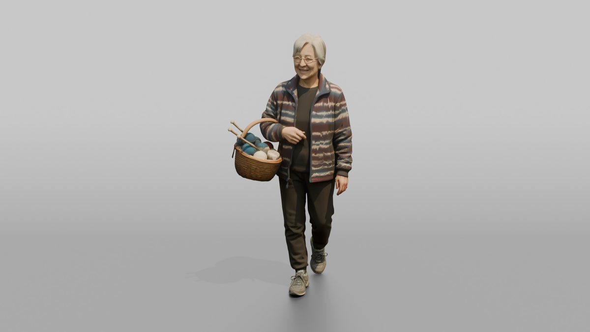 Grandmother Carrying A Basket Of Yarn And Knitting Needles - 3D character model, view 5