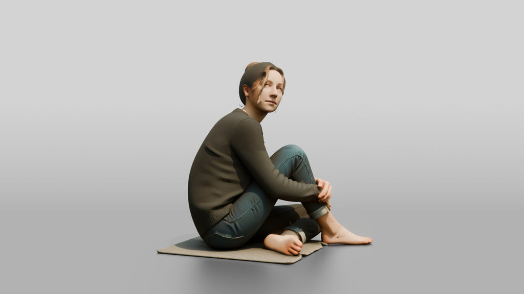 Homeless Woman Looking Up Thoughtfully with Chin Resting on Her Knee
