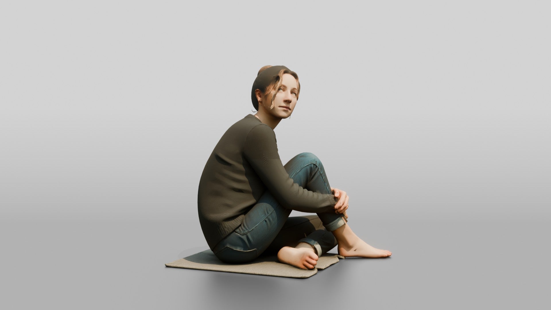 Homeless Woman Looking Up Thoughtfully with Chin Resting on Her Knee