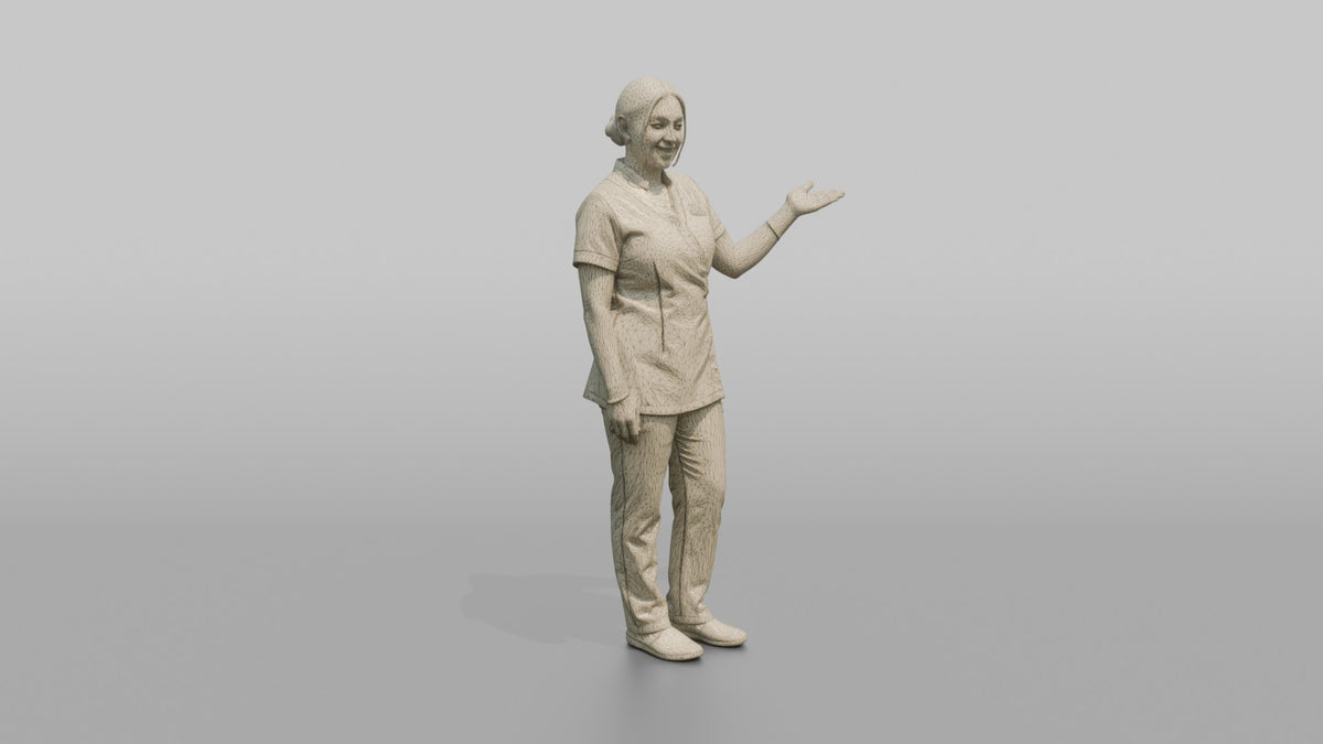 Spa Attendant Woman Gesturing Toward A Sauna Door - wireframe topology preview