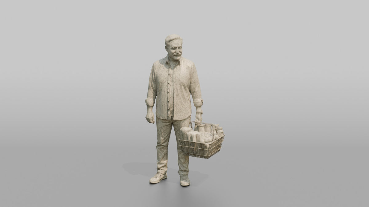 Man Customer Standing With A Full Shopping Basket - wireframe topology preview