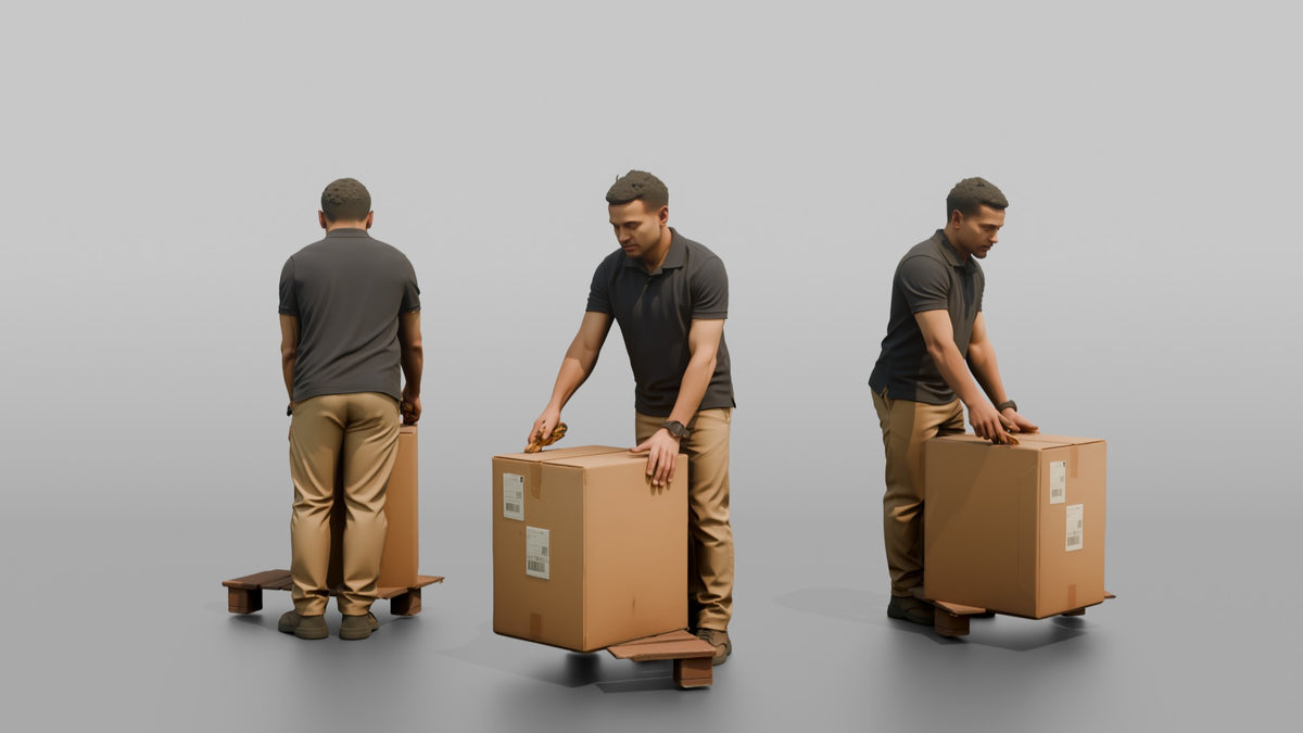 Man Stock Clerk Unpacking A Cardboard Box With A Box Cutter - 3D character model, view 1