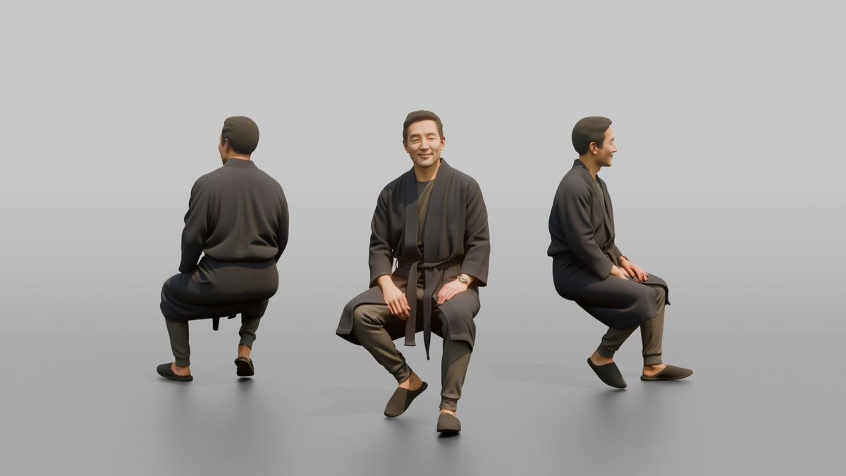 Spa Client Woman Sitting On A Stool Getting Ready, Robe Half-tied - 3D character model, view 1