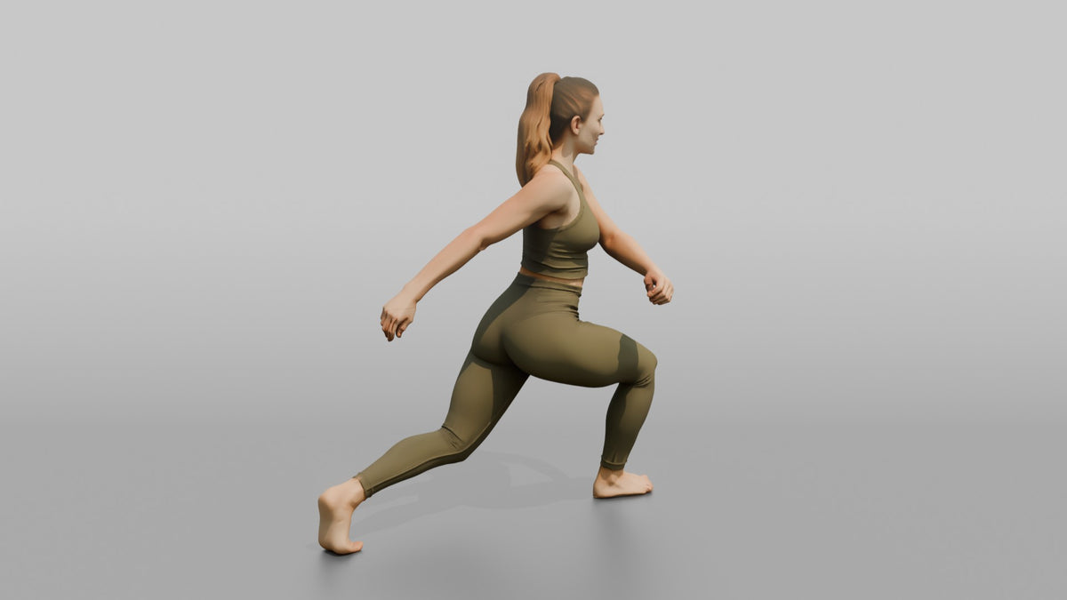Fitness Influencer Woman Mid Lunge, Twisting Slightly - 3D character model, view 2
