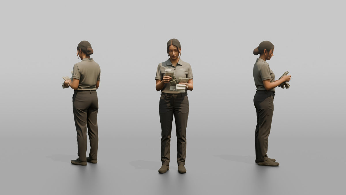 Woman Cashier Counting A Stack Of Cash Bills - 3D character model, view 1