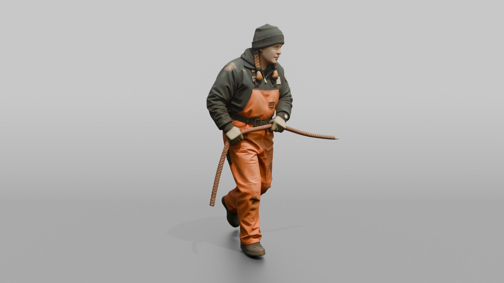 Deckhand Hauling a Fender Toward the Railing