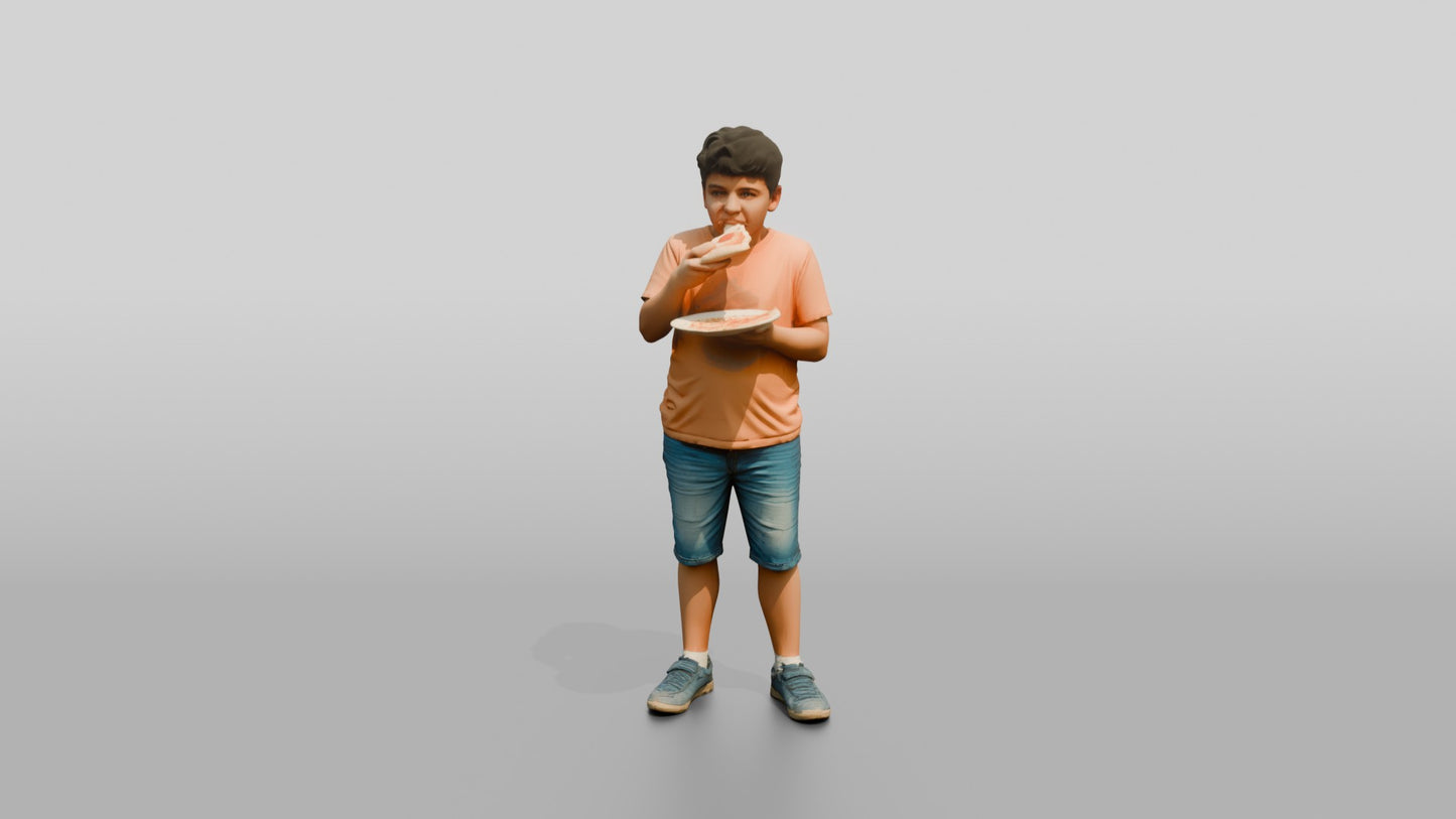 Stocky Portuguese Boy Eating a Slice of Pizza