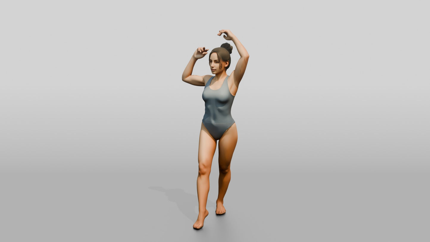 Woman in Grey Bodysuit Posing with Arms Raised