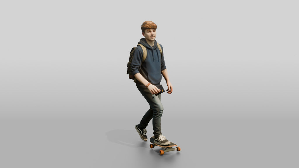 Teen Boy Riding Skateboard with Backpack and Phone