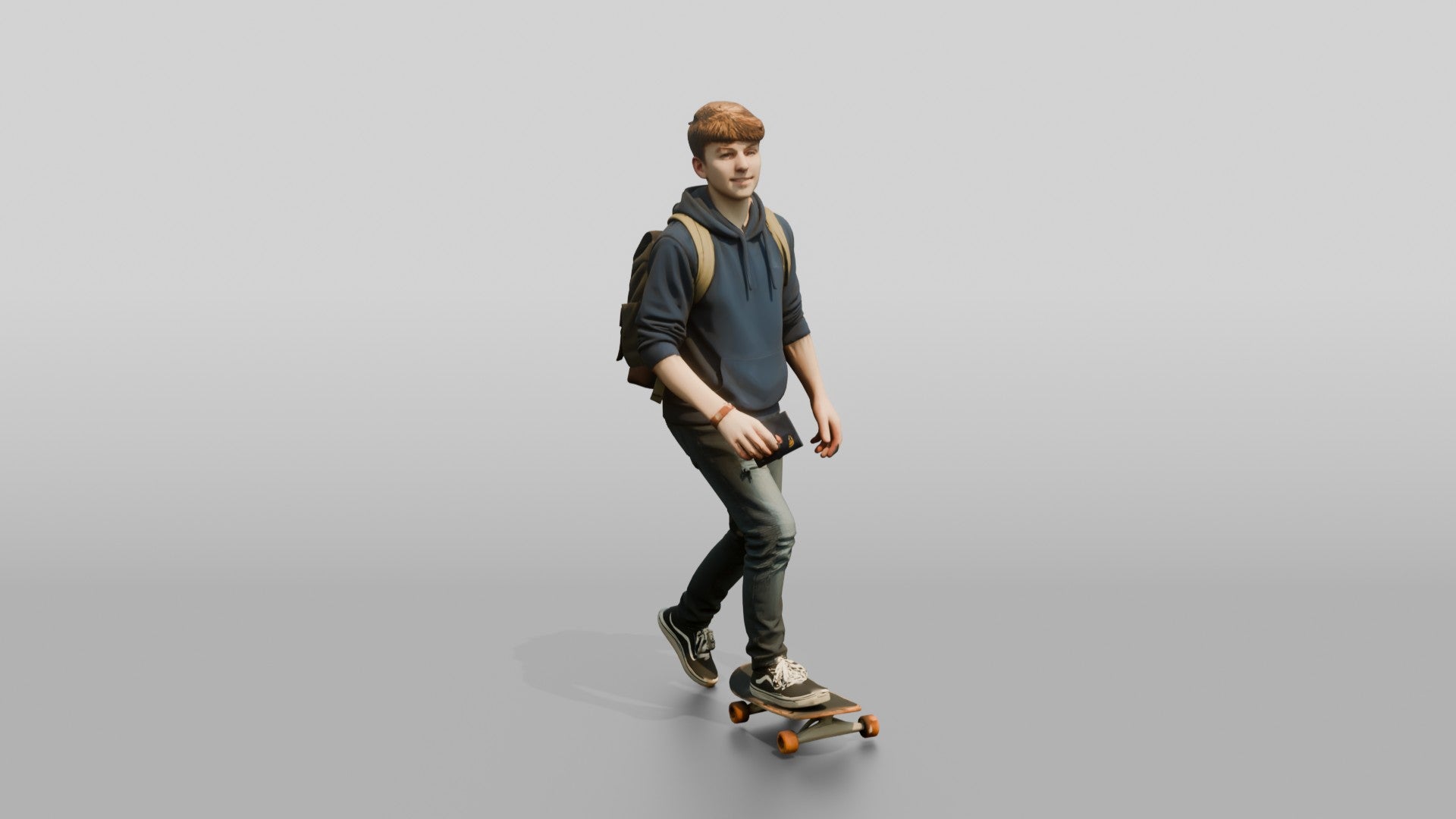 Teen Boy Riding Skateboard with Backpack and Phone