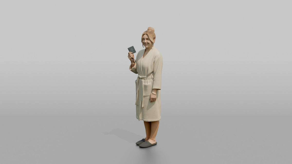 Spa Client Woman Standing Holding A Spa Locker Key Card - 3D character model, view 4