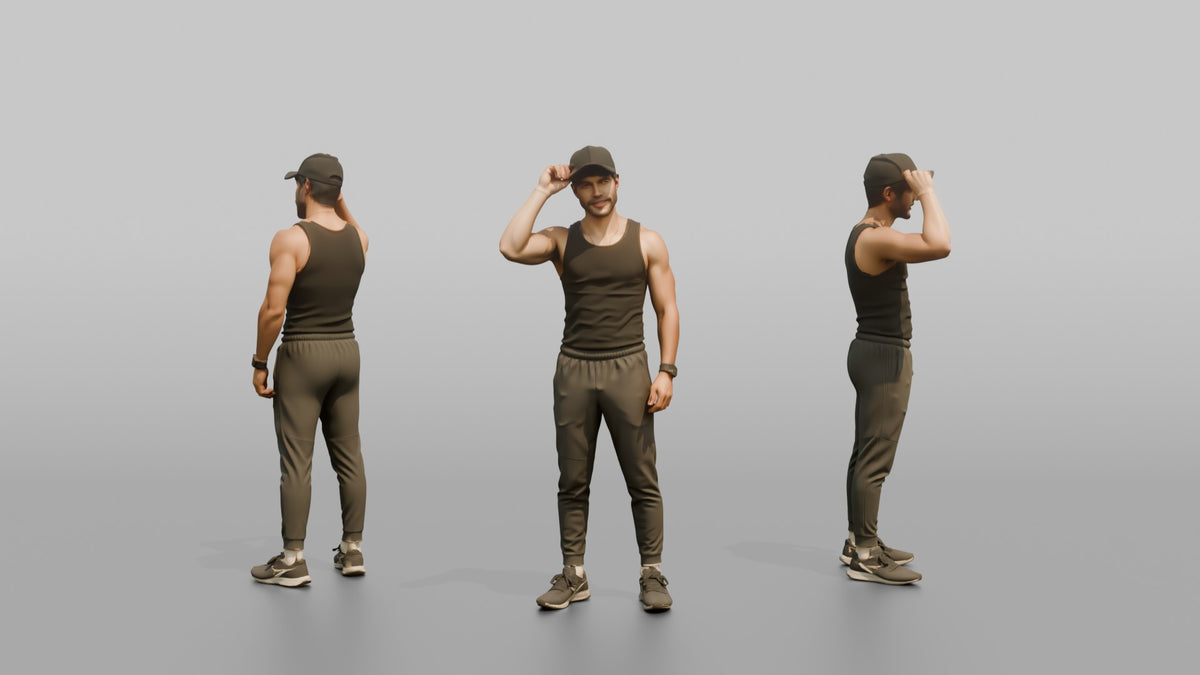 Fitness Influencer Man Standing With One Hand Adjusting A Cap - 3D character model, view 1