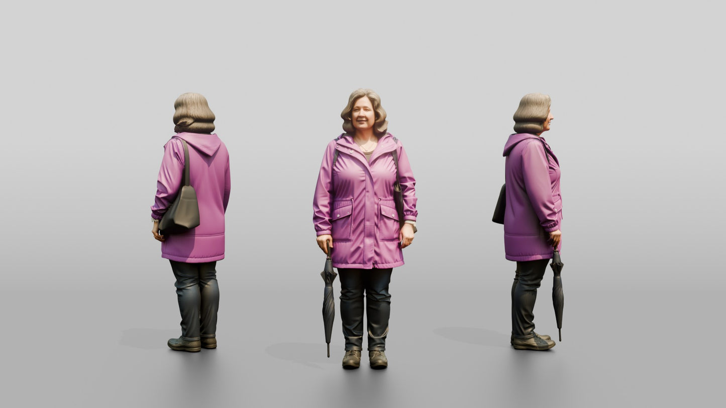 White Woman Waiting at a Crosswalk in Purple Raincoat
