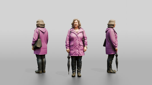 White Woman Waiting at a Crosswalk in Purple Raincoat